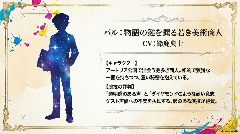 パルのイラストと共に、CV鈴鹿央士さんの情報、「知的で狡猾な一面を持ちつつ重い秘密を抱えている」という解説、演技への絶賛コメントが書かれたスライド。