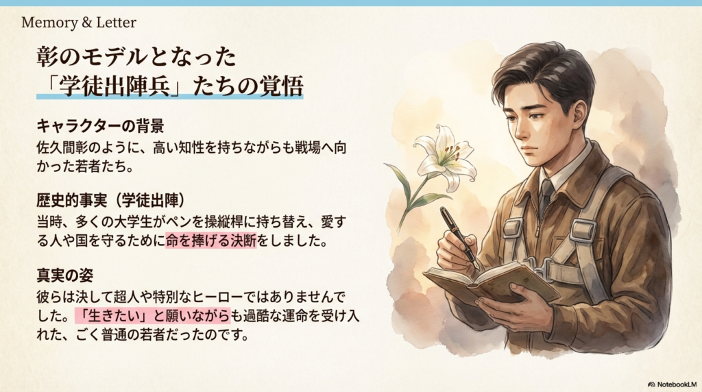 高い知性を持ちながら戦場へ向かった学徒出陣兵たちの背景と、彼らが普通の若者であったことを伝えるスライド 。