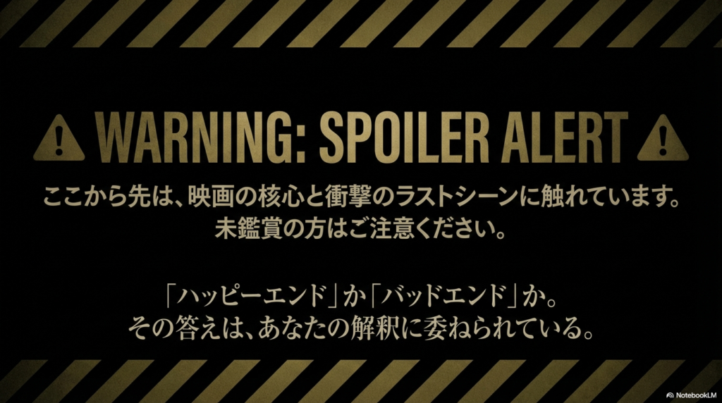 映画の核心と衝撃のラストシーンに触れることを警告する「WARNING: SPOILER ALERT」のスライド