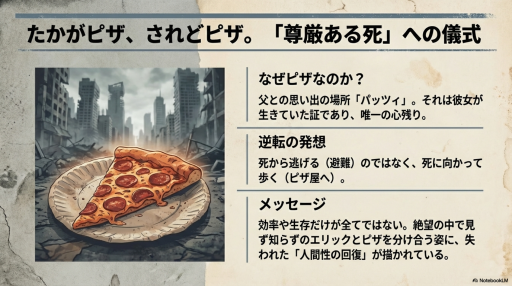 廃墟の街に置かれたピザのイラスト。死に向かって歩く逆転の発想と人間性の回復についての解説。