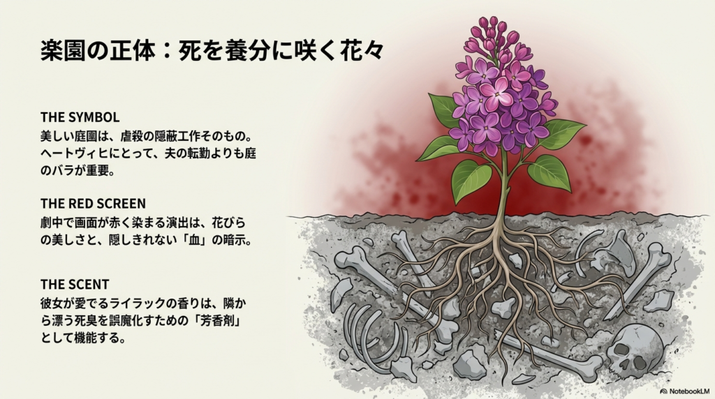 地上の美しいライラックの花と、その根が地中の骨や髑髏（ドクロ）を這っている衝撃的なイラスト。美しさが虐殺の隠蔽工作であることや、赤い画面の演出意図、死臭を誤魔化す芳香剤としての花の役割の解説。