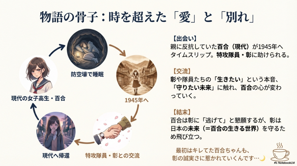 防空壕で眠る百合、特攻隊員の彰、現代で涙を流す百合の姿など、タイムスリップから彰との出会い、結末までをまとめたストーリーチャート 。