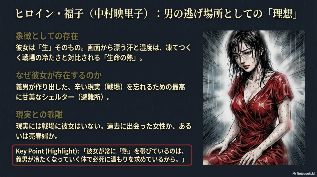 赤い服を着て雨に濡れる福子のイラスト。彼女が義男にとっての「生の象徴」であり、冷たい戦場から逃れるための「熱」を持った避難所であることを説明。