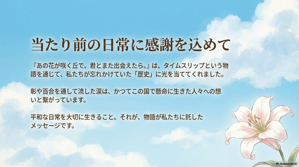 タイムスリップを通じて歴史に光を当て、当たり前の日常と平和に感謝することを伝える結びのスライド