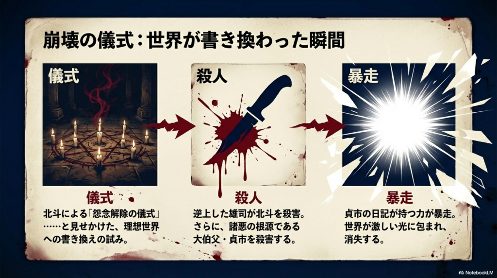五芒星と蝋燭が並ぶ儀式のイメージ。北斗による理想世界への書き換えと、貞市の日記の暴走による世界消失のプロセス