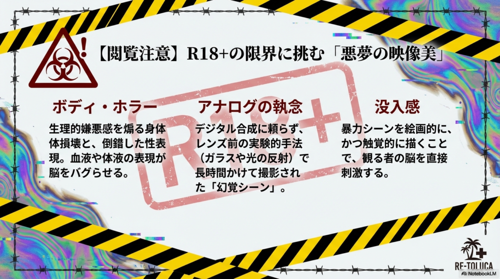 ボディ・ホラーやアナログ撮影による幻覚シーンなど、観る者の脳を刺激する映像演出の解説。