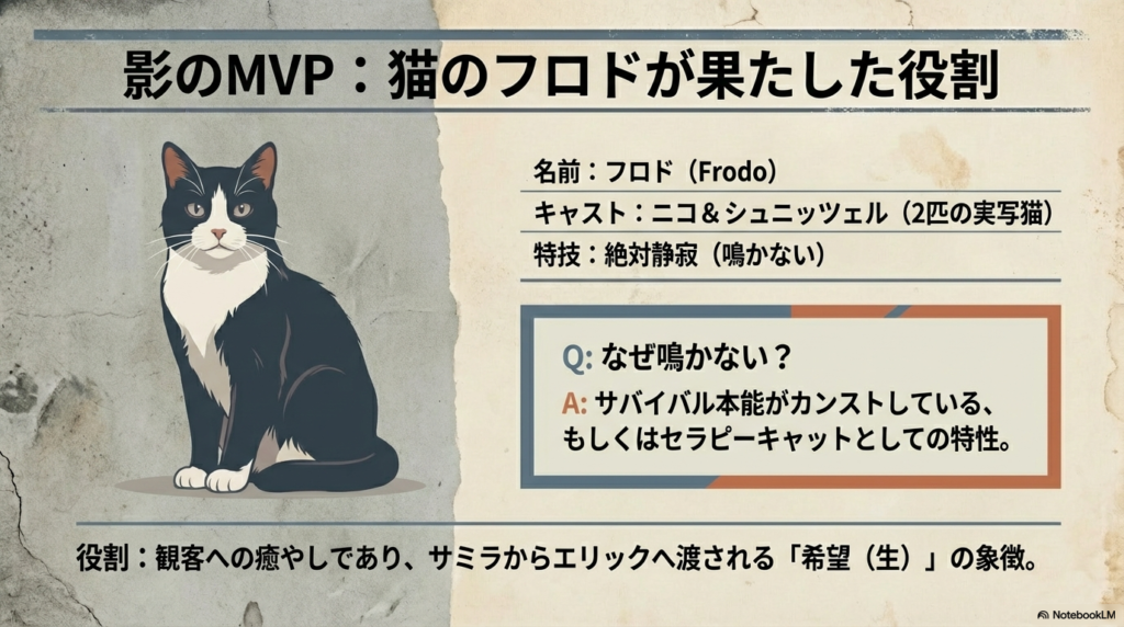 猫のフロドのイラスト。鳴かない特性や、サミラからエリックへ託される希望の象徴としての解説。