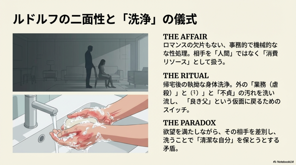 ルドルフが手を洗うイラストと、暗い部屋のシルエット。不倫を「消費リソース」として扱う非人間性と、執拗な身体洗浄によって「汚れ」を落とし、家庭用の仮面に戻る矛盾した心理の解説。