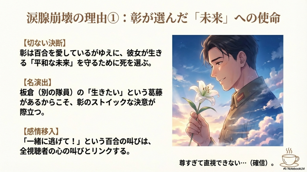 百合の花を持ち、青空と雲を背景に微笑む特攻隊員・彰のイラスト。平和な未来を守るために死を選ぶ彼の切ない決断についての解説 。