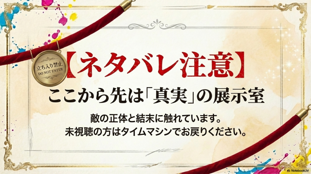 「立ち入り禁止 DO NOT ENTER」「ここから先は敵の正体と結末に触れています」という警告文。映画の雰囲気に合わせたミステリアスなデザイン。
