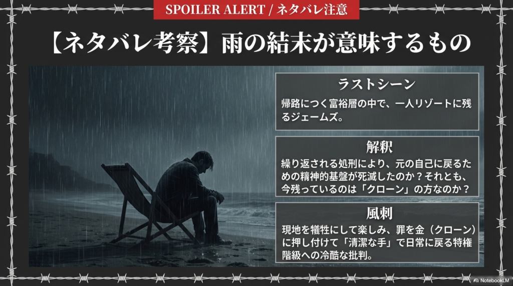 ラストシーンの解釈と、特権階級への冷酷な批判としての風刺をまとめた考察スライド。