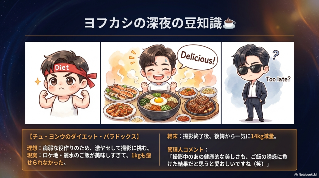撮影地の料理が美味しすぎて痩せられず、撮影後に14kg減量したチュ・ヨンウのエピソードを描いた3コマ風イラストスライド。