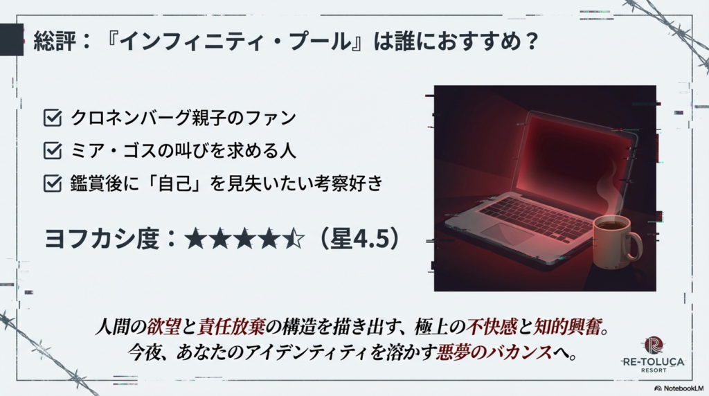 クロネンバーグファンやミア・ゴス好きへのおすすめポイントと、ヨフカシ度星4.5の評価。