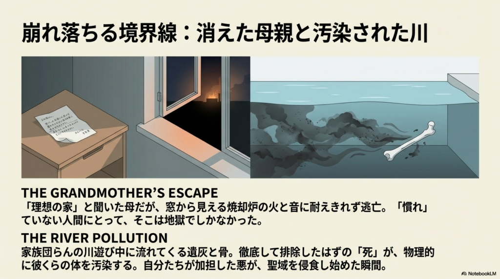窓から漏れる不気味な光と、川の中に流れる遺灰や骨のイラスト。慣れない者には耐え難い地獄であること、そして排除したはずの「死」が物理的に家族を汚染し始める皮肉が描かれている。