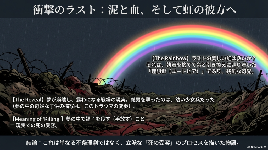戦場に架かる虹の解説。福子（執着）を手放すことが現実の死の受容を意味し、虹は命と引き換えに辿り着いた理想郷であるという結論。