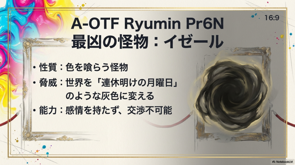 「色を喰らう怪物」「世界を灰色に変える」「感情を持たず、交渉不可能」というイゼールの恐ろしい性質を解説したスライド。
