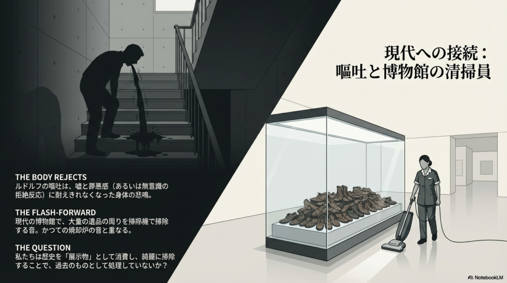 現代の博物館で遺品の靴を掃除する清掃員のイラスト。ルドルフの嘔吐と現代の清掃がリンクし、歴史を単なる「展示物」として綺麗に処理して消費している現代人への問いかけが記されている。