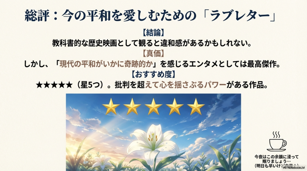 輝く百合の花の野原と、5つ星の評価が描かれたスライド。本作が今の平和の奇跡を感じるエンタメとしての最高傑作であるという結論 。