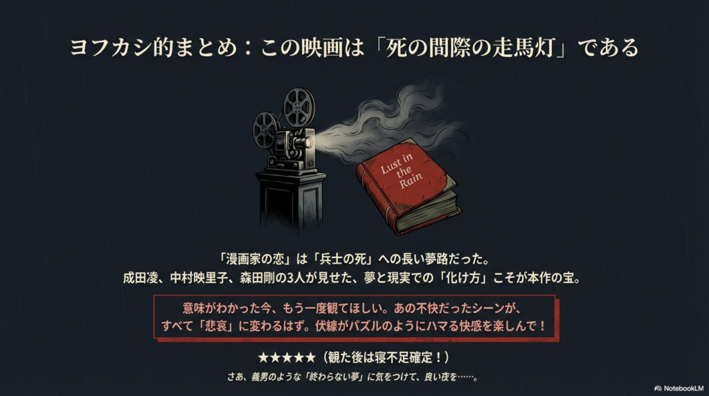 映画のまとめスライド。「漫画家の恋は兵士の死への長い夢路だった」という総評と、5つ星の評価。