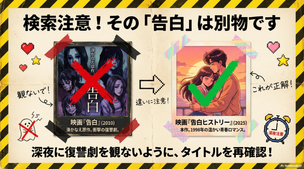2010年の衝撃の復讐劇『告白』と、2025年の本作『告白ヒストリー』を混同しないための比較・警告スライド。