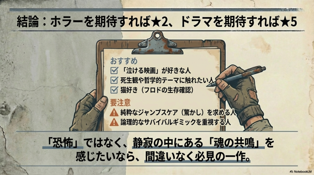 泣ける映画や哲学テーマを好む人への推奨と、純粋なホラーを求める人への注意点を示すまとめスライド。