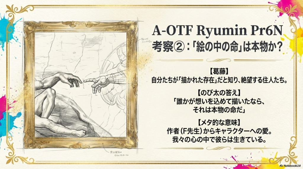 自分が描かれた存在だと知った住人の葛藤と、のび太の答え。藤子・F・不二雄先生からキャラへの愛というメタ的な視点を含んだ考察。