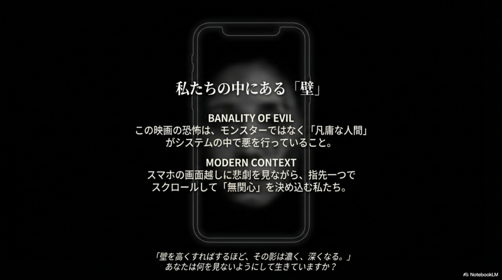 「私たちの中にある壁」というタイトル。モンスターではなく凡庸な人間が悪のシステムを支えていることへの恐怖と、スマホ時代の無関心への警告がまとめられている。