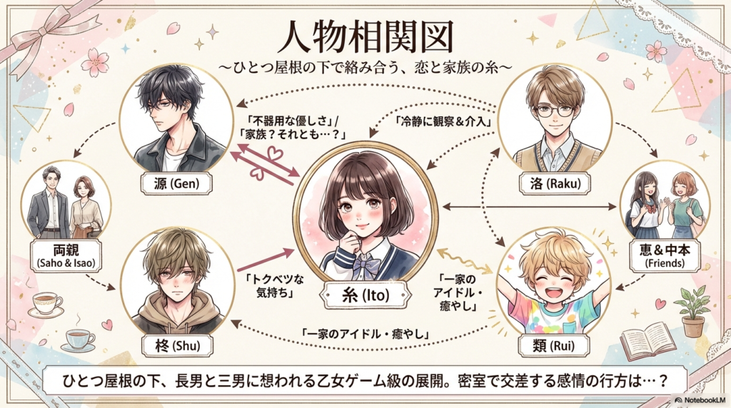 糸と4人の弟たち（源、洛、柊、類）の感情の矢印と関係性を示した人物相関図。