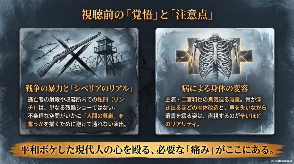 戦争の暴力や主演・二宮和也の鬼気迫る減量など、本作を視聴する際の身体的・精神的な注意点をまとめたスライド