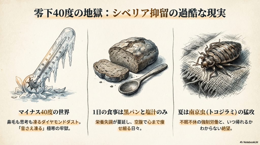 氷付いた温度計、1日の食事である黒パンと塩汁、そして夏に猛攻を仕掛ける南京虫（トコジラミ）のイラスト。