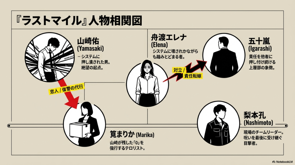 山崎佑（絶望の起点）、舟渡エレナ（踏みとどまる者）、梨本孔（目撃者）、五十嵐（上層部の象徴）、筧まりか（テロリスト）の関係性を示した相関図スライド 。