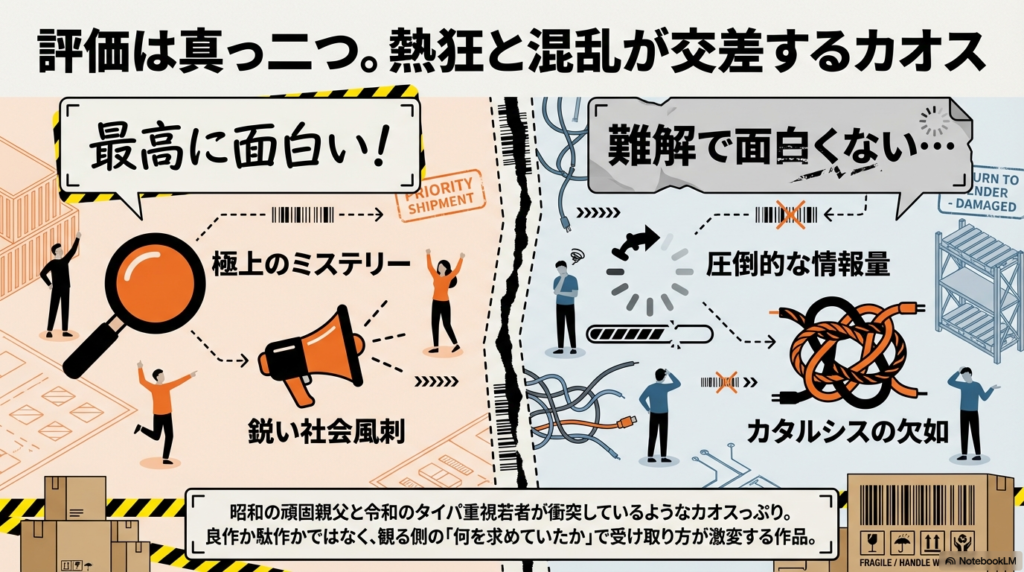 左側に「最高に面白い!」、右側に「難解で面白くない…」と書かれ、評価が真っ二つに分かれていることを示すイラスト。