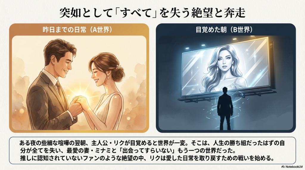 主人公リクが全てを失ったB世界で、愛した日常を取り戻すために戦いを始める様子を解説した図解。