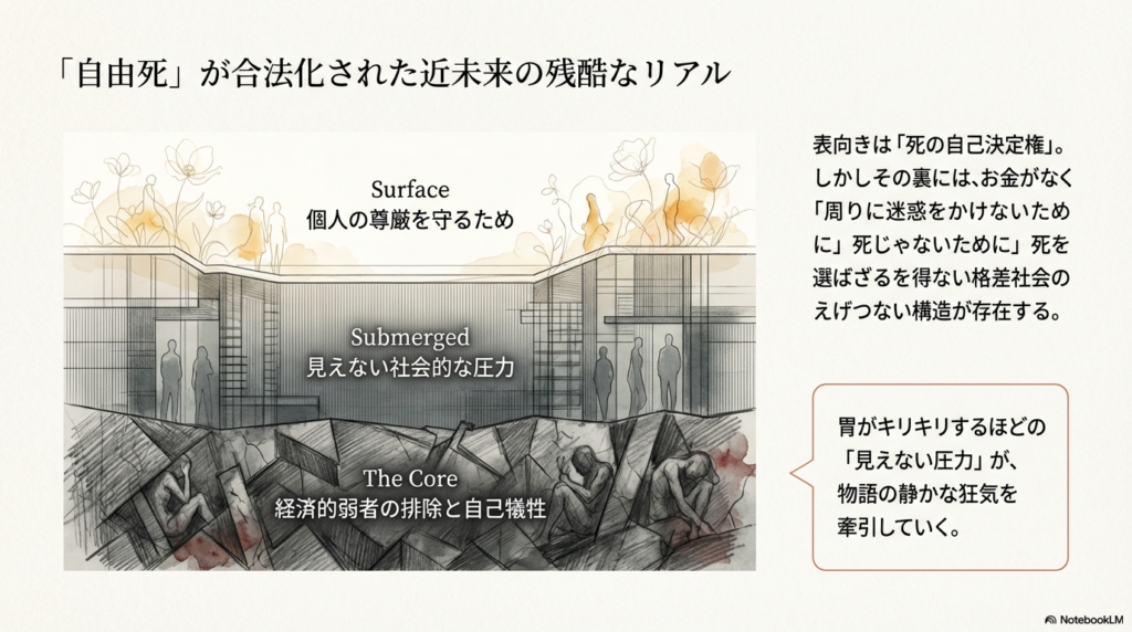 自由死の構造を「Surface(個人の尊厳)」「Submerged(見えない社会的圧力)」「The Core(経済的弱者の排除)」の3層で図解したイラスト。