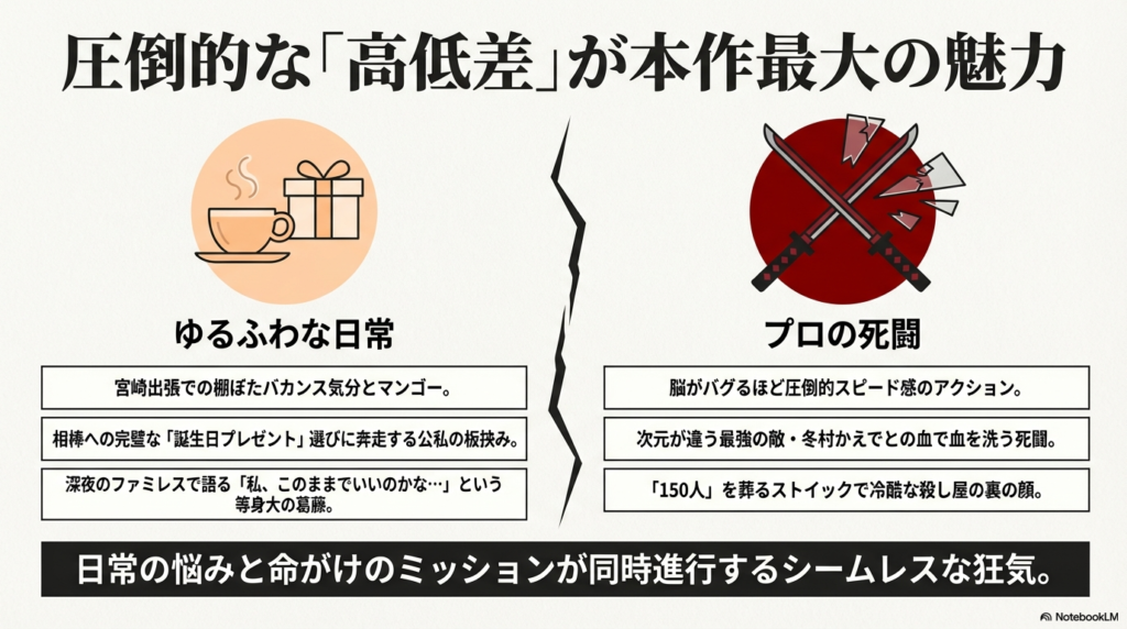 「ゆるふわな日常」を象徴するコーヒーとプレゼントのイラストと、「プロの死闘」を象徴する交差した刀のイラスト。日常の悩みと命がけのミッションが同時進行する「高低差」を解説している。