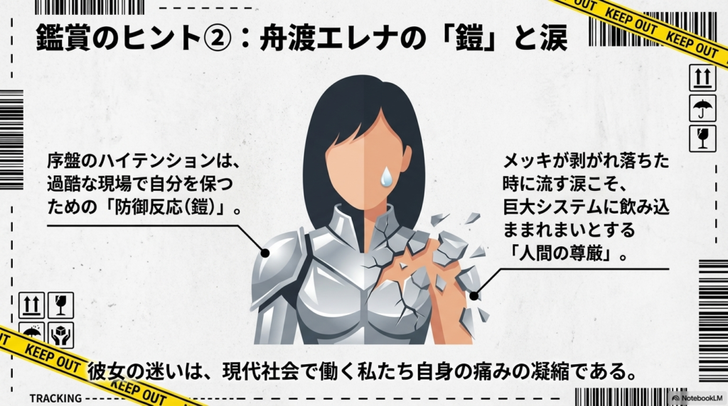 彼女のハイテンションな振る舞いが防御反応(鎧)であり、その涙に人間の尊厳が宿っていることを説明するスライド。
