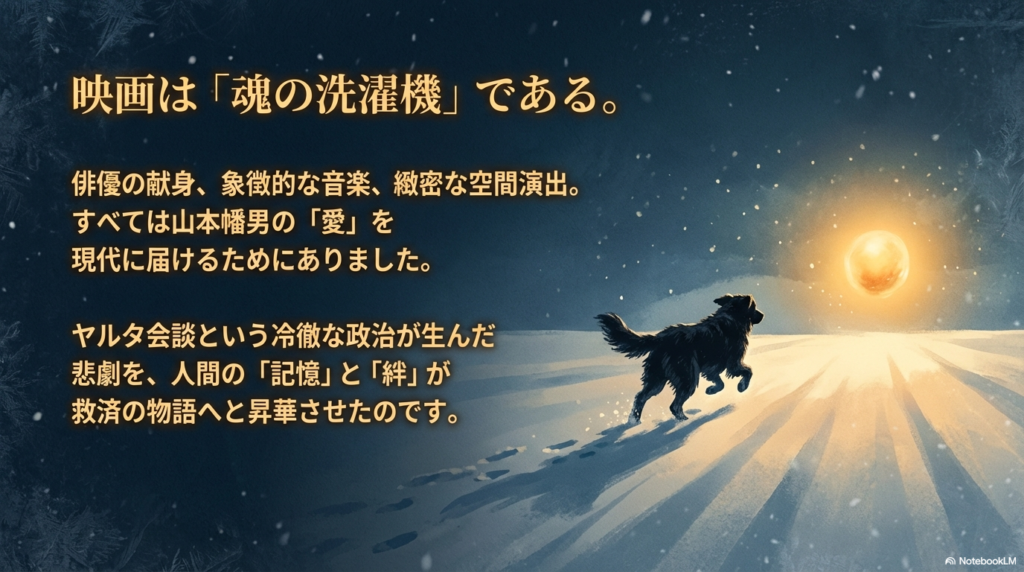 俳優の献身、音楽、空間演出のすべてが山本幡男の愛を届けるために集結したことを総括。冷徹な政治が生んだ悲劇が、人間の絆によって昇華されたことを示す結論スライド。