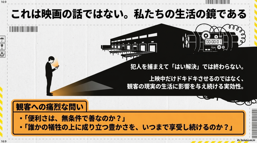 16:9のモニターに映る現実と、「便利さは無条件で善なのか?」という観客への痛烈な問いが書かれたスライド。
