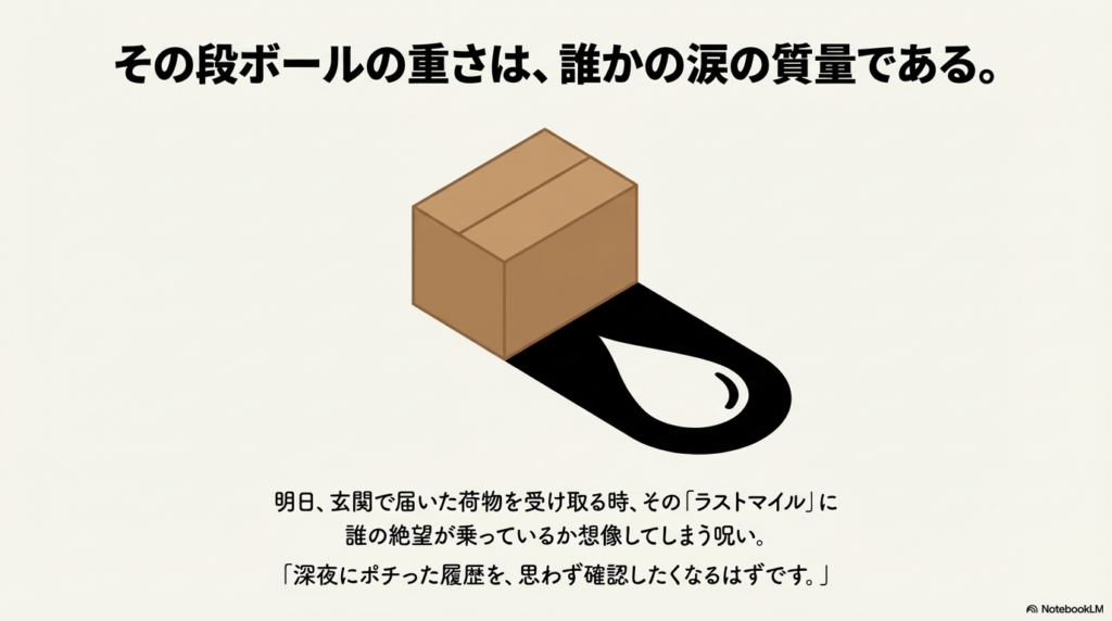 置かれた段ボール箱の影が「涙のしずく」の形になっている印象的なイラスト。
