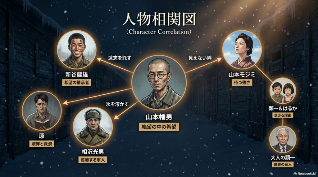 山本幡男を中心に、妻のモジミ、新谷、相沢、原、そして子供たちとの繋がりを描いた人物相関図。それぞれのキャラクターが持つテーマ(絶望の中の希望、待つ強さ、贖罪など)が添えられている。