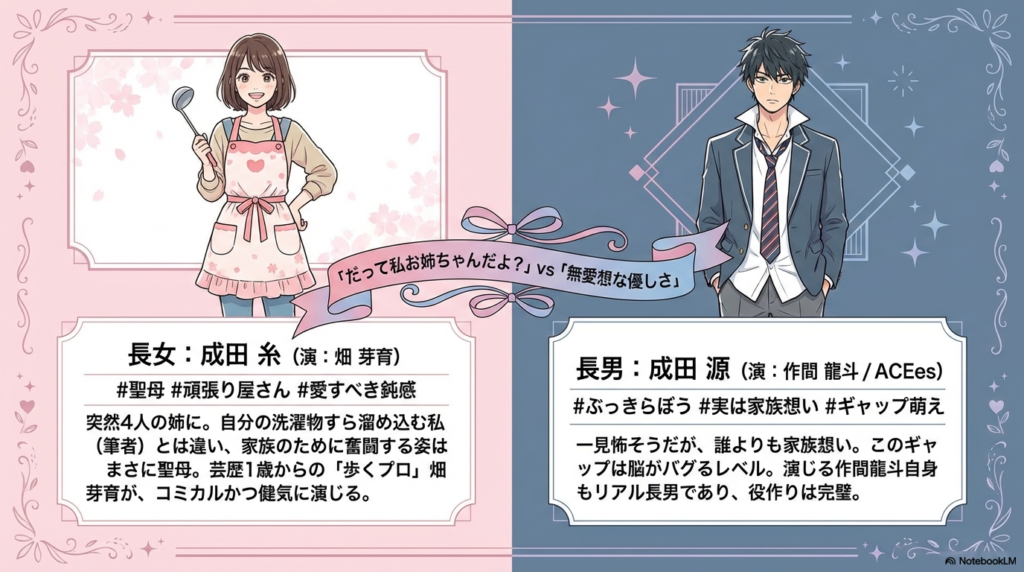 主人公の糸（畑芽育）と、長男の源（作間龍斗）のプロフィールと役どころを解説するスライド。
