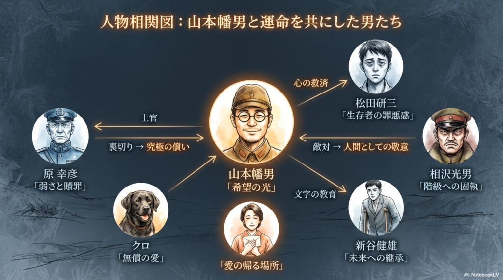 山本幡男を中心に、原、松田、相沢、新谷といった仲間たちや犬のクロとの関係性を示す人物相関図