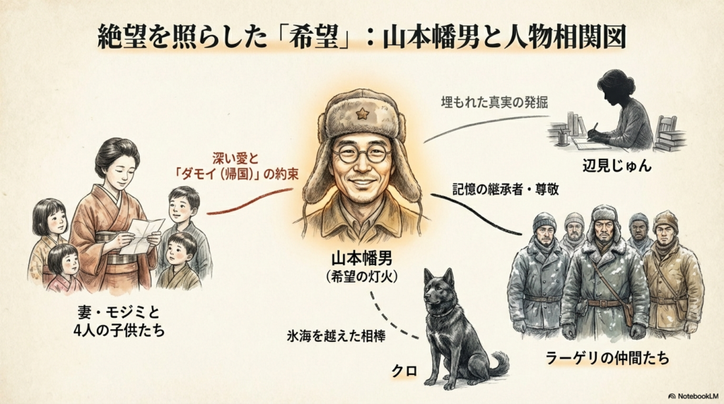 山本幡男を中心に、妻モジミと4人の子供、ラーゲリの仲間たち、犬のクロ、そして事実を掘り起こした辺見じゅん氏を描いた相関図。