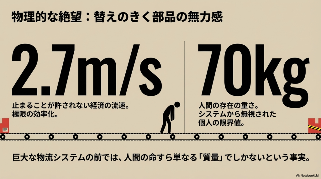 大きく「$2.7m/s$ $70kg$」と書かれ、コンベアの上で項垂れる人物のシルエットと共に「止まることが許されない経済の流速」と「個人の限界値」を対比させたスライド 。