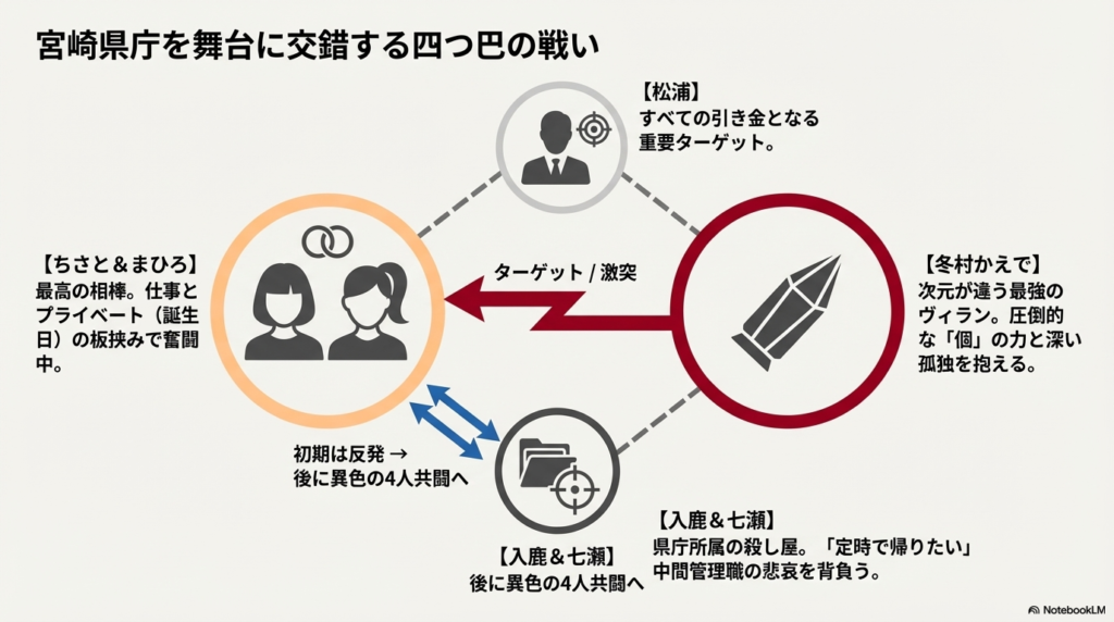ターゲットの松浦、最強の相棒ちさと＆まひろ、孤独なヴィラン冬村かえで、そして県庁所属の殺し屋・入鹿＆七瀬の4グループの関係性を示す図。