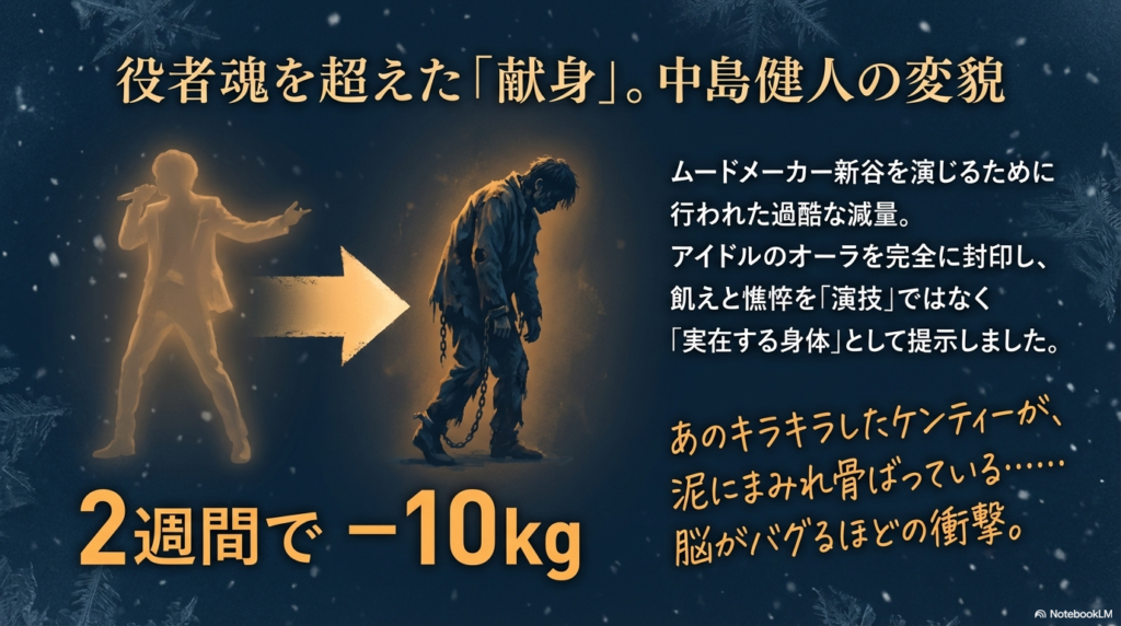 新谷役を演じるために2週間で10kg減量した中島健人の変貌について。アイドルのオーラを封印し、飢えと憔悴を「実在する身体」として提示した役作りを解説。