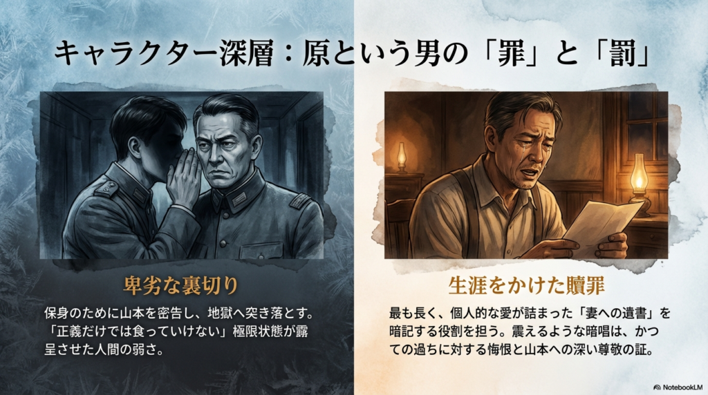 原による保身のための密告（罪）と、生涯をかけた遺書の暗記（罰・贖罪）を描いたスライド