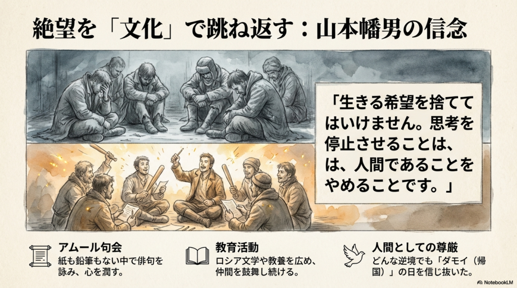暗く沈む抑留者たちと、対照的に明るい光の中でアムール句会や教育活動に励む山本と仲間の対比イラスト。