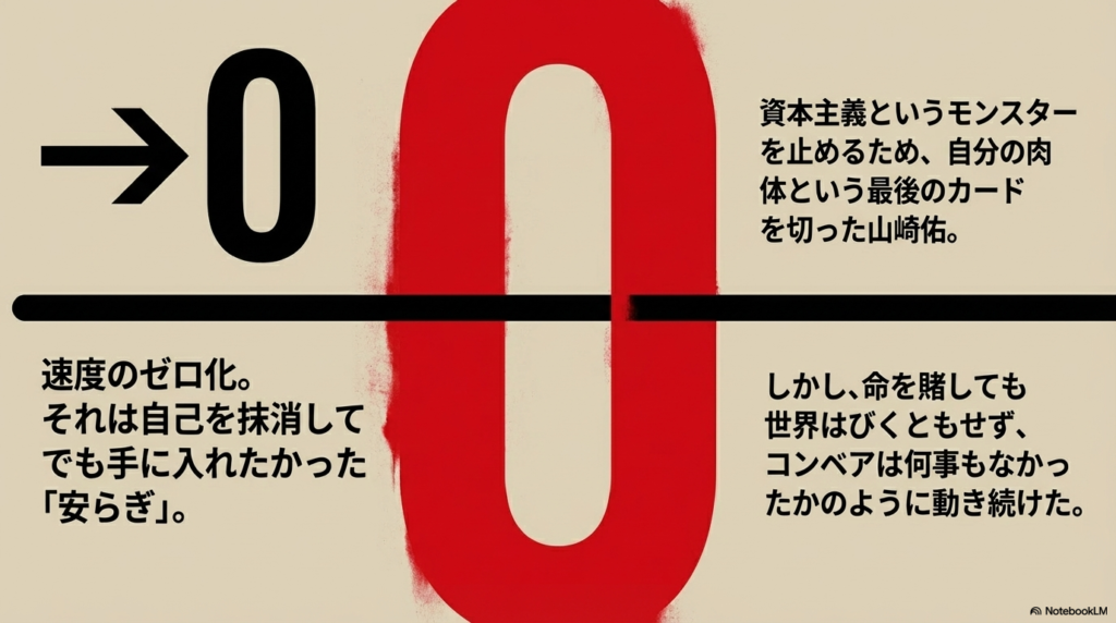 「0」という数字と「速度のゼロ化」という文字。山崎佑が自己を抹消してまで手に入れたかった「安らぎ」と、それでも止まらない世界について書かれたスライド 。