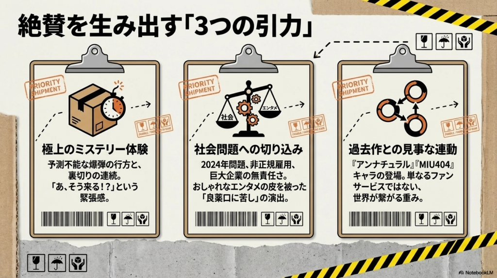 天秤に乗った「社会」と「エンタメ」の重り。ミステリー体験、社会問題、過去作連動の3点が面白いポイントとして挙げられている。